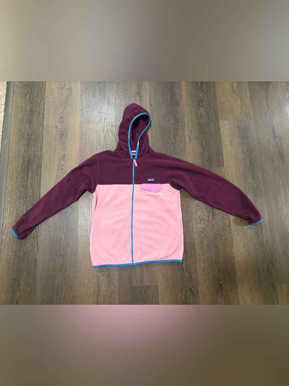 Patagonia Kids Hooded Fleece Jacket - Pink & Maroon with Blue Trim
